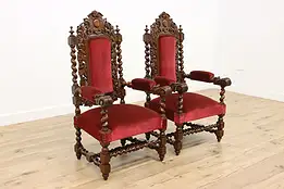 Pair of Black Forest Antique Carved Oak Hall Throne Chairs #56625