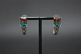 Pair of Sterling Silver Blue & Orange CZ Gems Earrings STS #58391