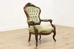 Victorian Antique Carved Rosewood & Velvet Armchair #58324