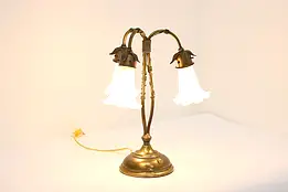 Art Nouveau Antique Brass Boudoir Lamp Etched Glass Shades #51527