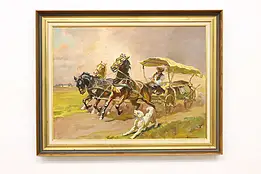 Horse Wagon Race Vintage Original Oil Painting Benyovsky 37" #58412