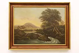 Fishing in Countryside Antique Original Oil Painting 38.5" #57498