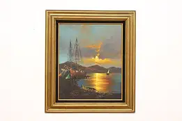 Sunset Harbor Vintage Original Oil Painting Yenencamp 32.5" #58246