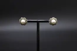 Pair of Sterling Silver & Faux Pearl Flower Shape Earrings #58659