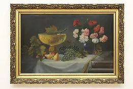 Grapes Still Life Antique Original Oil Painting Signed 46.5" #58243