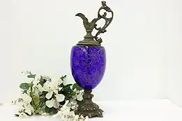 French Classical Antique Cobalt Glass & Brass Ewer 21" #58254