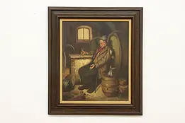 Old Man Drinking Antique Original Oil Painting Signed 32.5" #58743