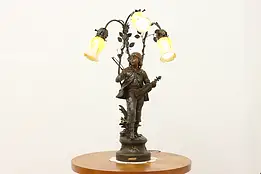French Antique Boy & Violin Sculpture Lamp, Art Glass Shades #44698