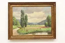 Countryside Pond Antique Original Oil Painting Nasson 38" #58441
