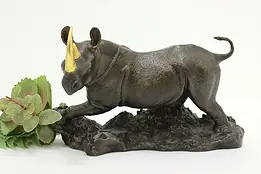 African Rhino Vintage Bronze Statue, Gold Horns Sculpture #58555