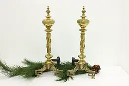 Pair of Classical Antique Brass Fireplace Andirons, Roses #49046