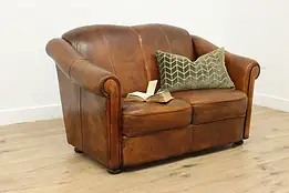 Art Deco Vintage French Sheepskin Leather Loveseat Sofa #58865
