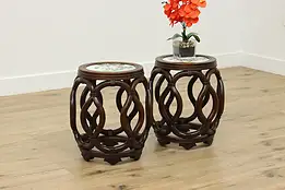 Pair Chinese Mahogany Stools or Side Tables, Porcelain Tops #57489