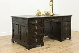 English Tudor Carved Oak Executive Office Desk Leather Top #58292