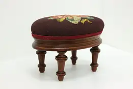 Victorian Antique Carved Walnut Oval Footstool, Needlepoint #58692