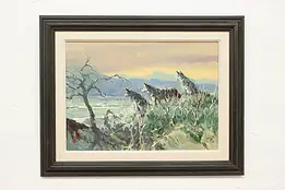 Wolf Pack & Wagon Train Vintage Original Oil Painting CH 26" #57350