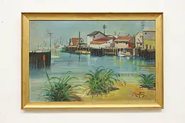 Tropical Harbor Vintage Original Oil Painting Nuyttens 28.5" #58134