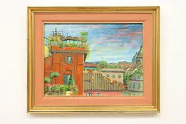 Italian Rooftop View Vintage Original Oil Painting 20" #58249