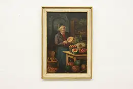 Fruit Seller Antique Original Oil Painting, Morel 27.5" #58414