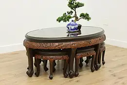Chinese Vintage Carved Teak Tea or Coffee Table & 6 Stools #58698
