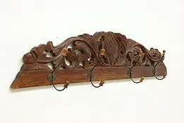Asian Vintage Wall Coat & Hat Rack, Carved Leaves 40.5"  #58853
