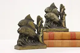 Pair of Brass Plated Antique Swimming Fish Library Bookends #58826