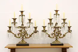 Pair French Antique Bronze, Crystal 5 Arm Candelabra, Cranes #49389