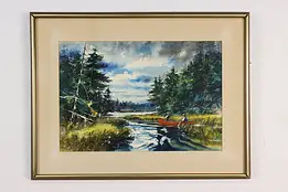 Canoe Fisherman Vintage Original Watercolor Balmer 25.5" #58238