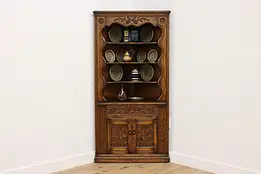 English Tudor Antique Oak Corner Cupboard Cabinet Jamestown #59117