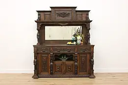 Renaissance Antique Oak Sideboard Back Bar Carved Knights #58336