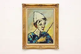 Harlequin or Clown Original Oil Vintage Painting Catton 31" #58228