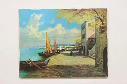 Quiet Harbor Town Vintage Original Oil Painting Richter 28" #58994