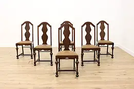 Set of 6 Trumpet Leg Antique Oak Dining Chairs, New Leather #50269
