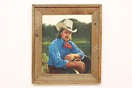 Cowboy Portrait Vintage Original Oil Painting Freeman 32" #58983