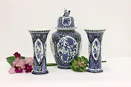 Dutch Vintage 3 Pc Delft Blue Porcelain Urn & Vases Set Boch #59525