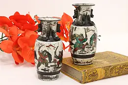 Pair Japanese Antique Hand Painted Vases Samurai Warriors #59543