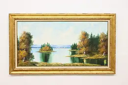Autumn Lake & Boats Vintage Original Oil Painting Sanler 57" #59828