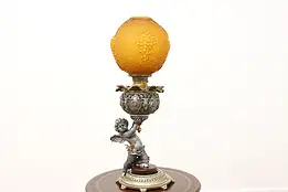 Victorian Antique Angel Oil Lamp Amber Glass Shade B&H #57689