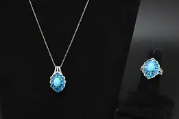925 Sterling Silver Turquoise & Topaz CZ Ring & Necklace Set #58633