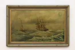 Stormy Sea Ships Antique Original Oil Painting Peterson 41" #59783