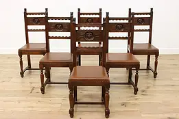 Set of 6 Antique Tudor Design Oak Chairs Leather Seats Lions #58867