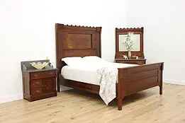 Victorian Eastlake Antique 3 Pc Walnut Marble Queen Bed Set #59456