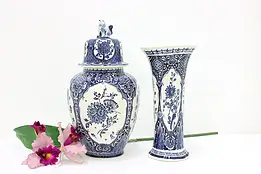 Dutch Vintage 2 Pc Delft Blue Porcelain Urn & Vase Set, Boch #60527