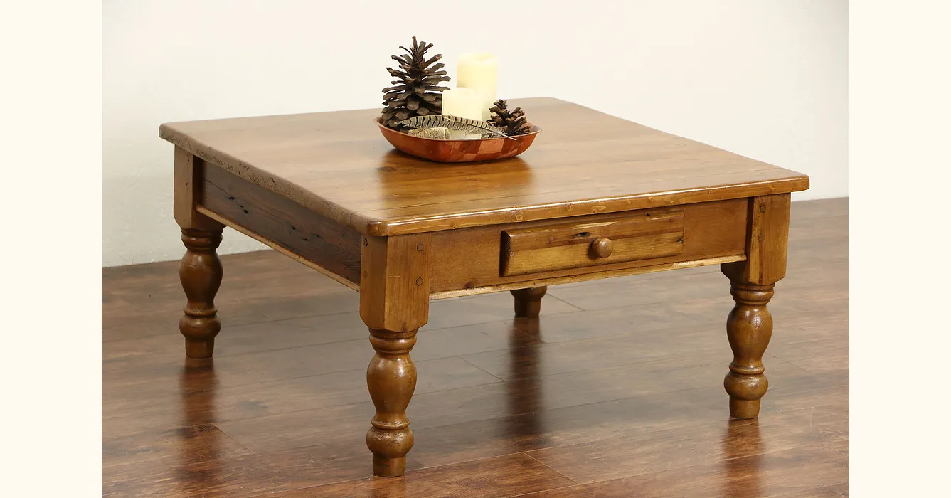 Country Pine Reclaimed Vintage Coffee Table Pegged Legs Drawer