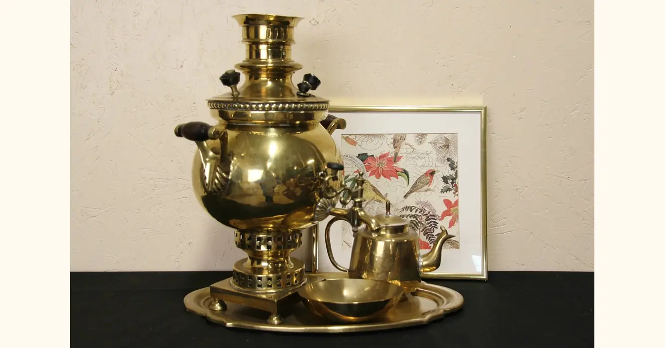 Russian 1900 Antique Samovar, Tea Pot, Sugar & Tray Set