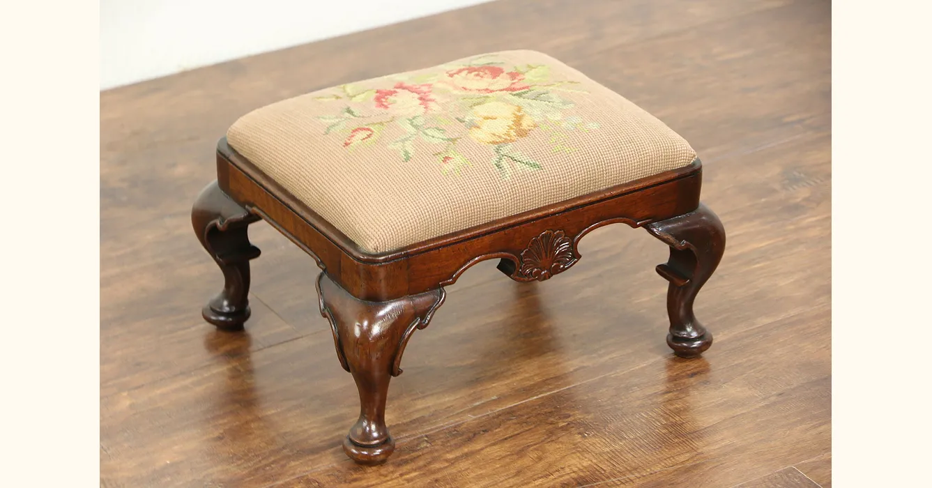 Carved Mahogany 1910 Antique Footstool, Hand Stitched Needlepoint Upholstery