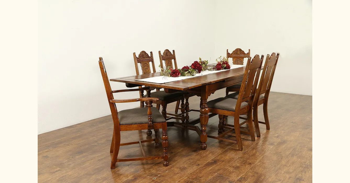 Bernhardt Signed Antique English Tudor Oak Dining Set Table 6 Chairs