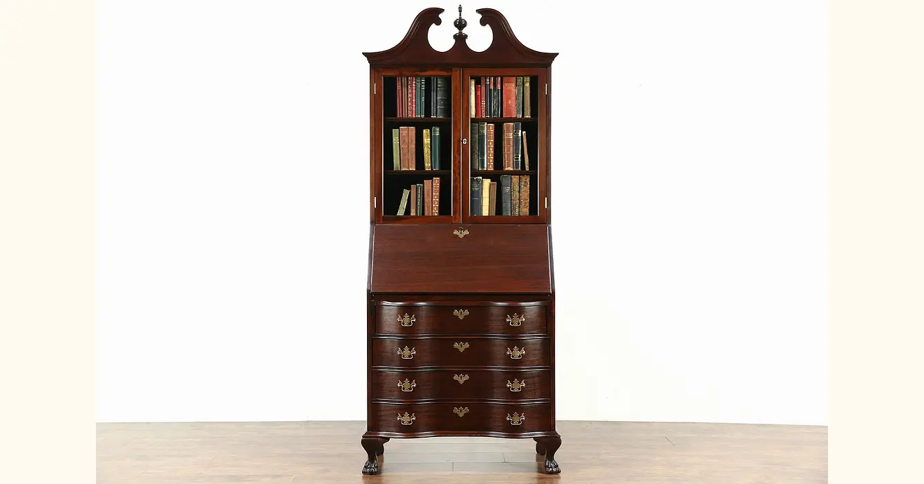 Traditional 1930\'s Vintage Carved Mahogany Secretary Desk & Bookcase, Signed
