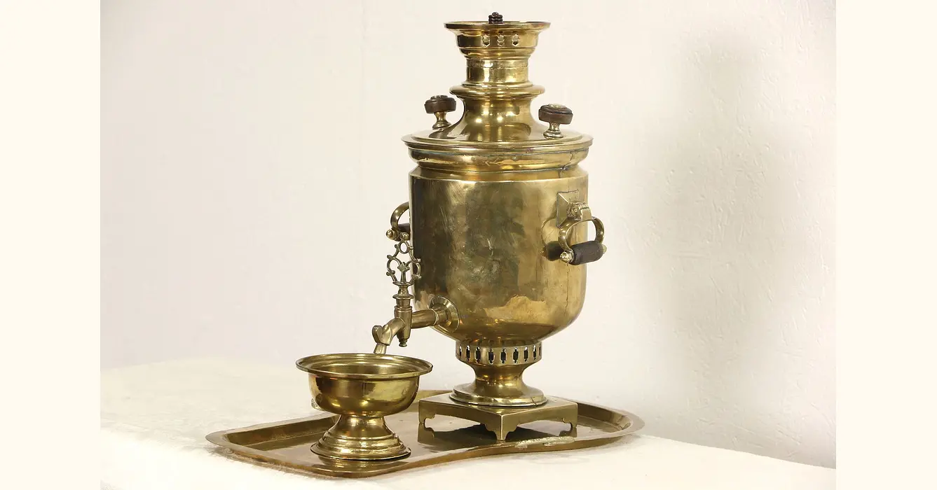 Russian 1904 Signed Antique Brass Samovar Tea Kettle Set