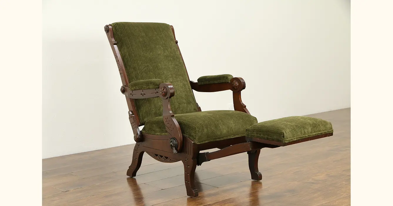 1880's Walnut Sleepy Hollow Reclining Chair with Foot Rest